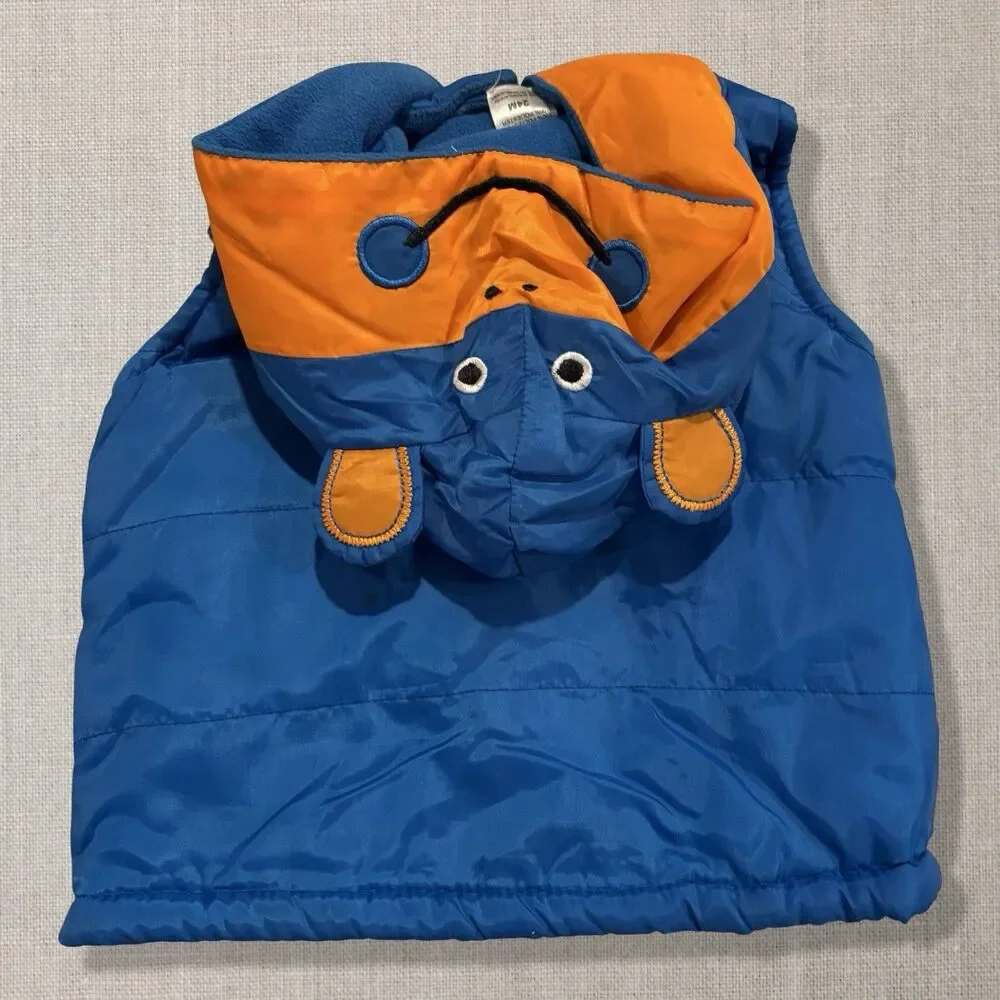 Boys 24M Blue Orange Monkey Hood Puffer Vest Fleece Lined Animal Hood